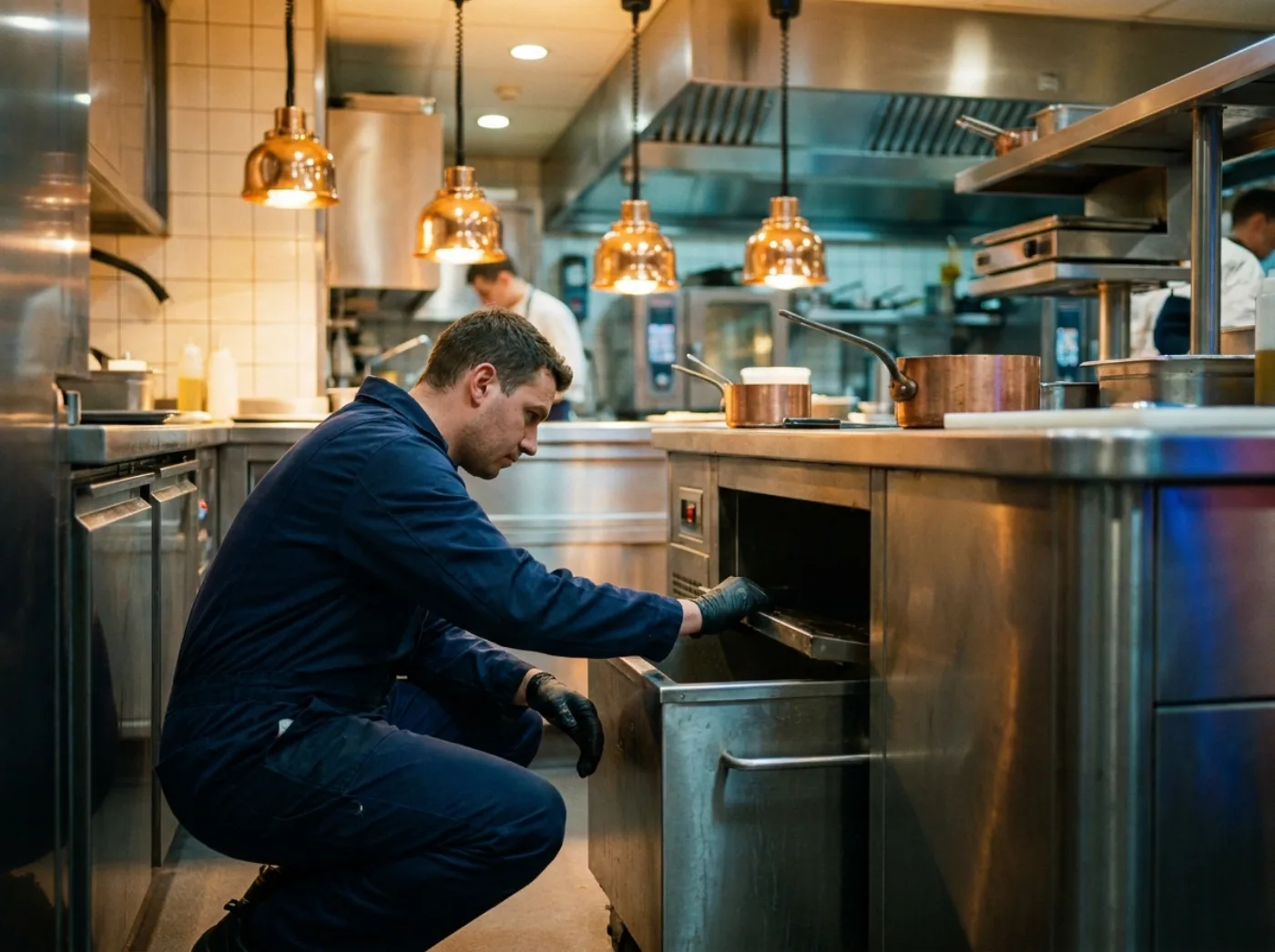 Curage d’un bac à graisse inox dans une cuisine de restaurant professionnelle