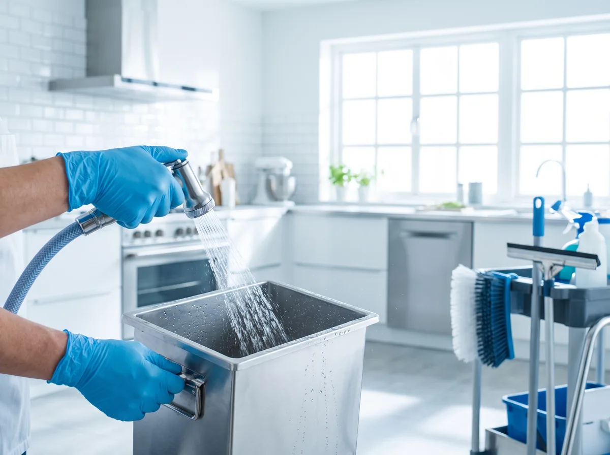 Nettoyage et curage en gros plan d’un bac à graisse de cuisine professionnelle