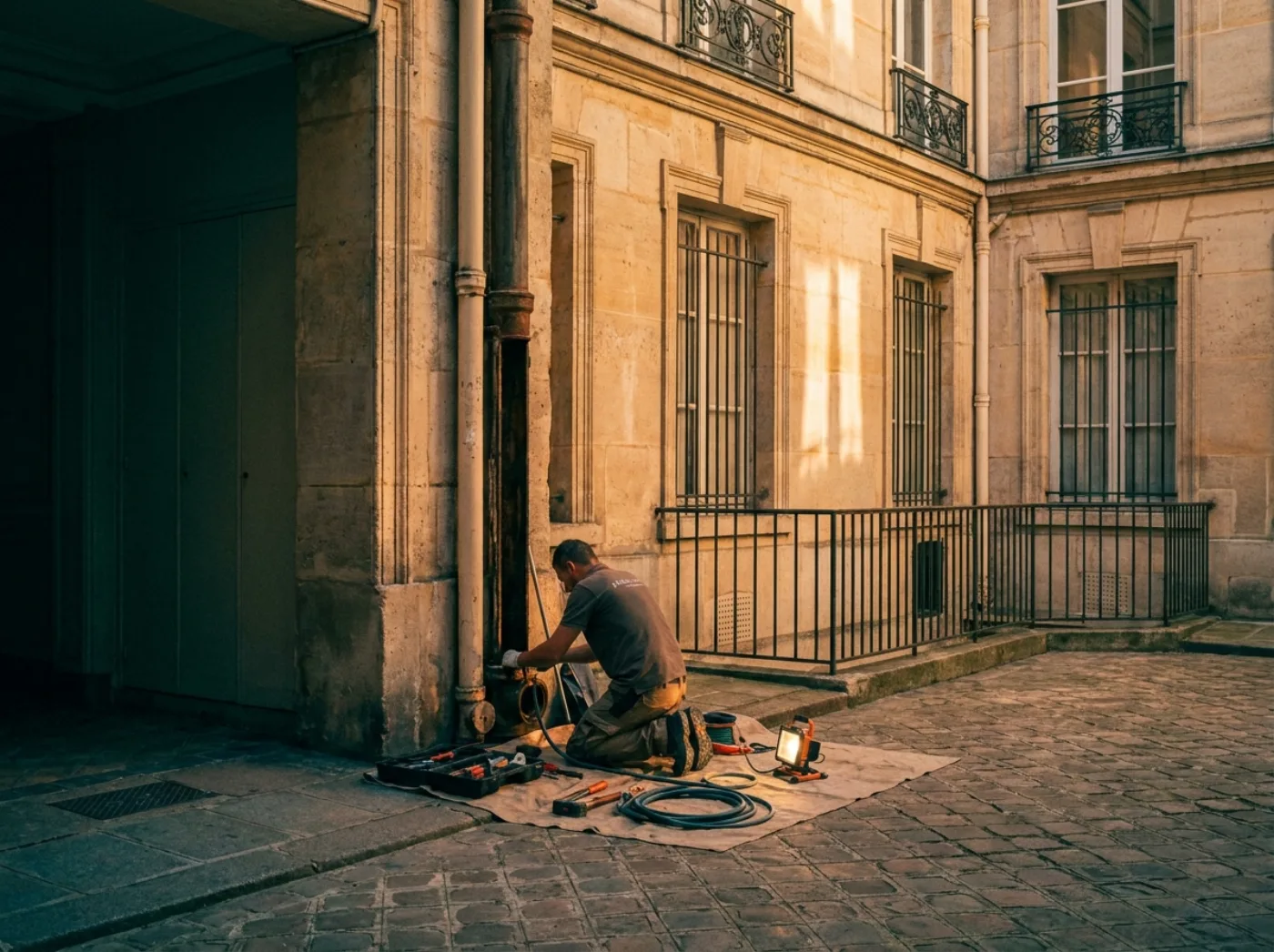 Curage d’une colonne d’évacuation dans la cour intérieure d’un immeuble haussmannien