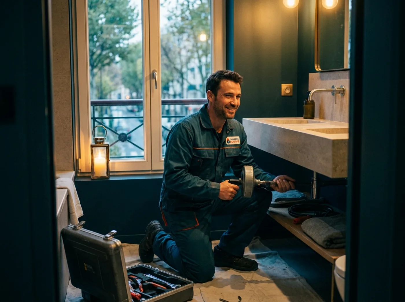 Technicien EREM réalisant des petits travaux de plomberie dans une salle de bain