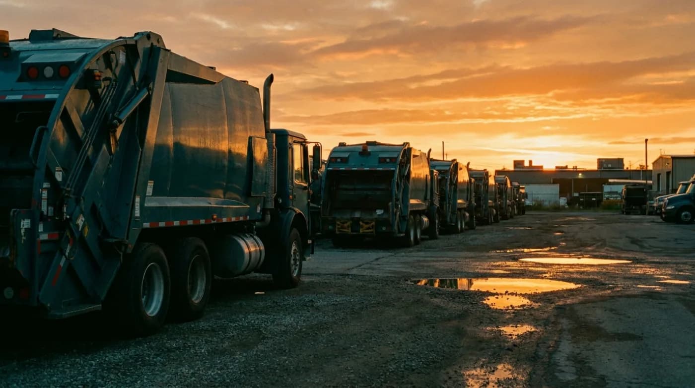 Flotte de camions EREM au dépôt à l’aube — capacité d’intervention sous contrat