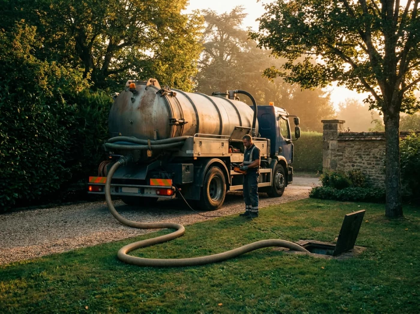 Pompage d’une fosse septique par camion hydrocureur EREM au coucher du soleil