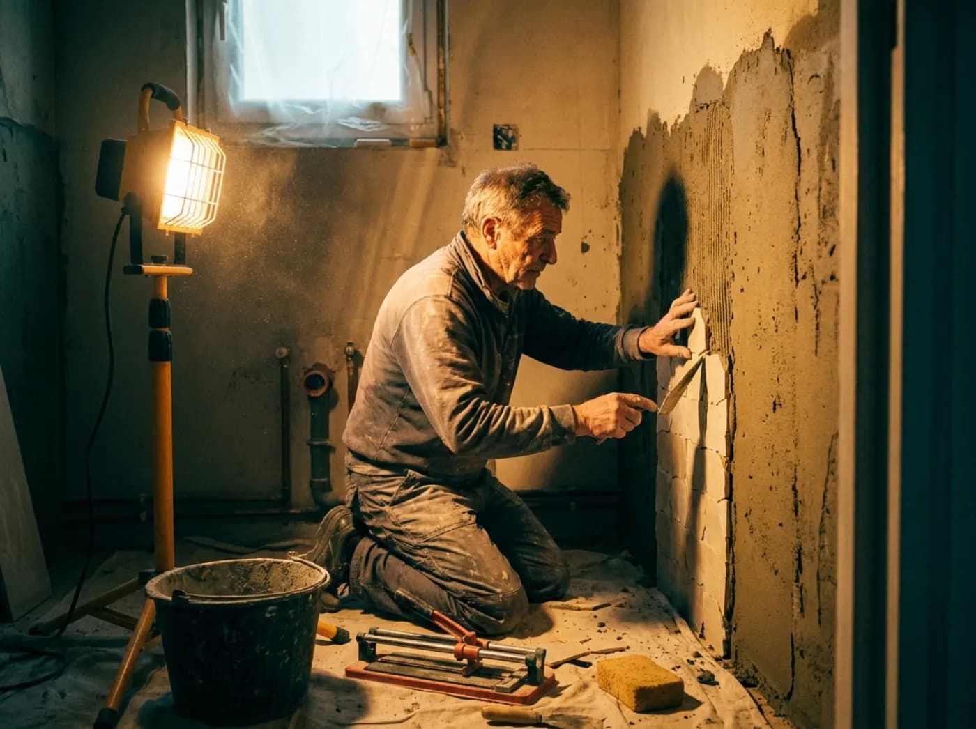 Artisan carreleur EREM posant du zellige crème dans une salle de bain en rénovation