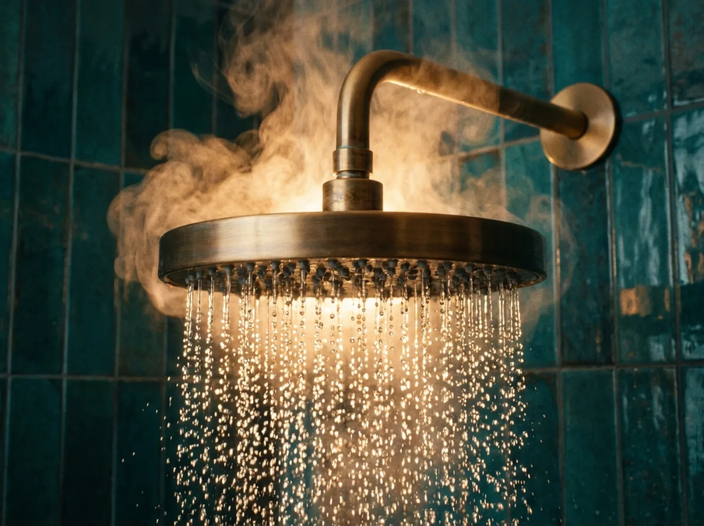 Pomme de douche pluie en laiton brossé sur fond de faïence teal, vapeur dans la lumière dorée