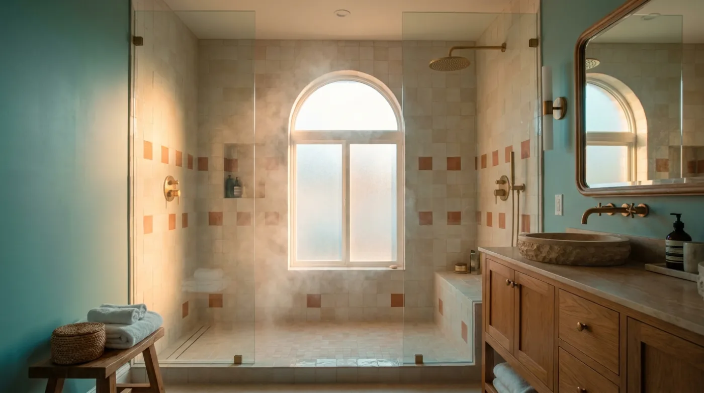 Salle de bain rénovée par EREM : douche à l’italienne, zellige crème et terracotta, robinetterie laiton dans une lumière dorée