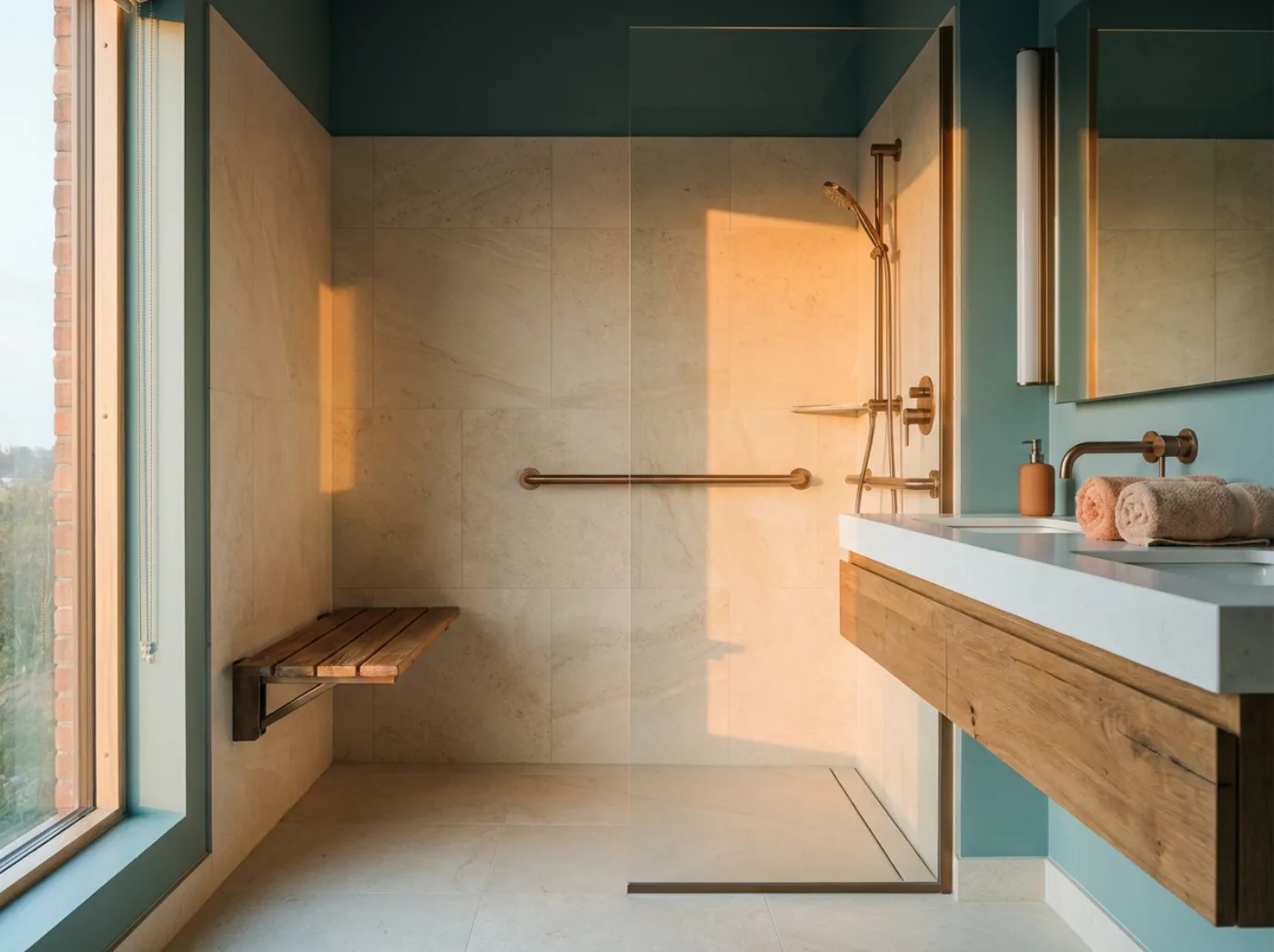 Salle de bain adaptée senior avec douche de plain-pied, assise en chêne et barres d’appui élégantes