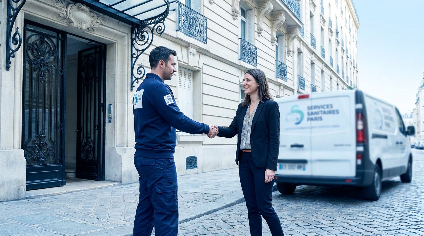 Technicien EREM Assainissement avec un gestionnaire d'immeuble satisfait